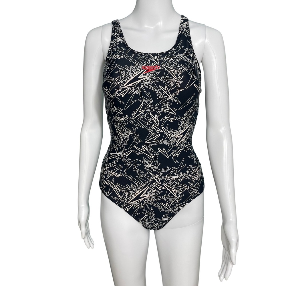 GB 34 Speedo Womens One Piece Swimsuit Black Lightning Bolt Racerback Cutout